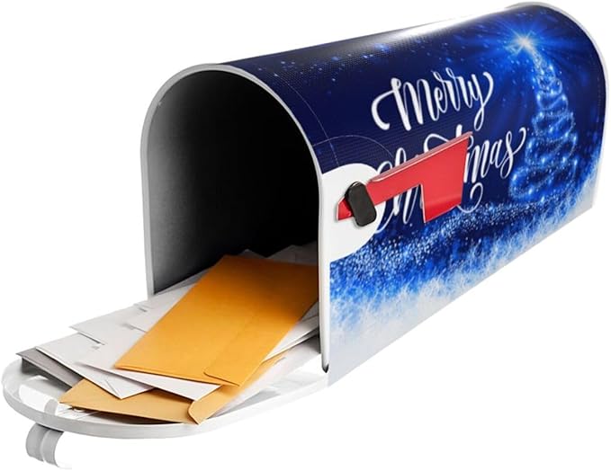 Mailbox Covers Merry Christmas Blue Snow Tree Magnetic Letter Post Box Cover Standard Size 25.5 x 21 Inch Garden Yard Home Decorative