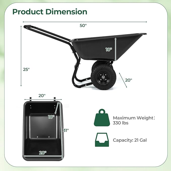 ARNOT Dual-Wheel Wheelbarrow, 330 LBS Utility Garden Cart with 10” Pneumatic Tires, Lightweight Home Yard Wheelbarrow, Perfect for Transporting Soil Bricks and Construction Materials