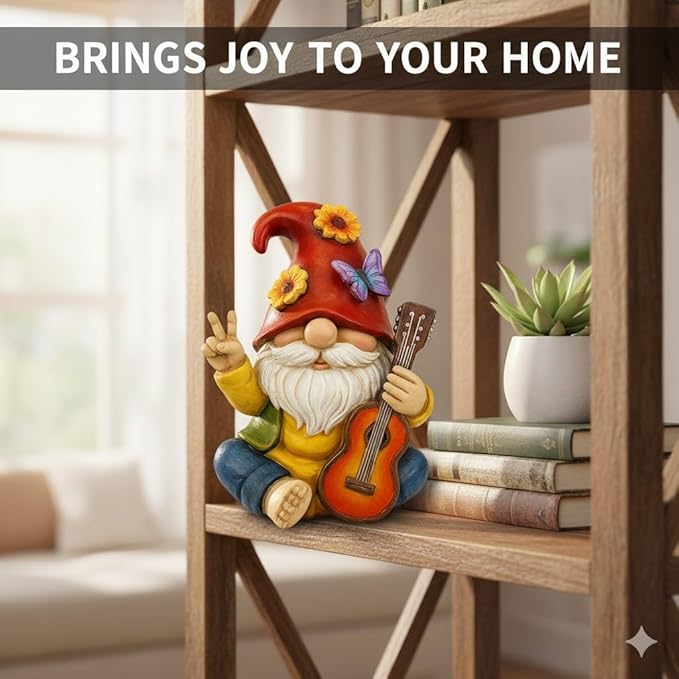 Peace Sign Garden Gnome Figurine Outdoor Statue, Funny Guitar Playing Dwarf Rock Music Decor - 6‘’ Resin Lawn Ornament, Unique Housewarming Gift for Music Lovers & Gardeners (Red)