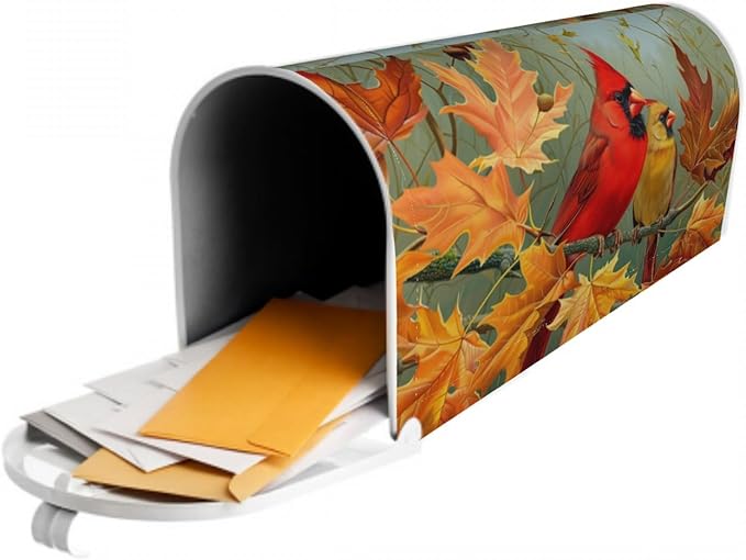 Fall Birds Mailbox Cover Magnetic, Autumn Maple Leaves Chestnut Tree Mailbox Wrap, Standard Size 21x18 Inch Waterproof Letter Post Cover for Garden Yard Outdoor Seasonal Decor