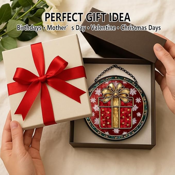 Stained Glass Window Hanging – 6.3 in Box Panel with Chain, Bathroom Front Door Living Room Garden Decor, Holiday Present Gift for Mom Wife Lovers