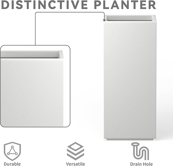 Kante 27.6" H Tall Rectangular Concrete Planter, Modern Square Diameter Plant Pot with Drainage Hole and Rubber Plug for Indoor Outdoor Home Patio Garden, Pure White