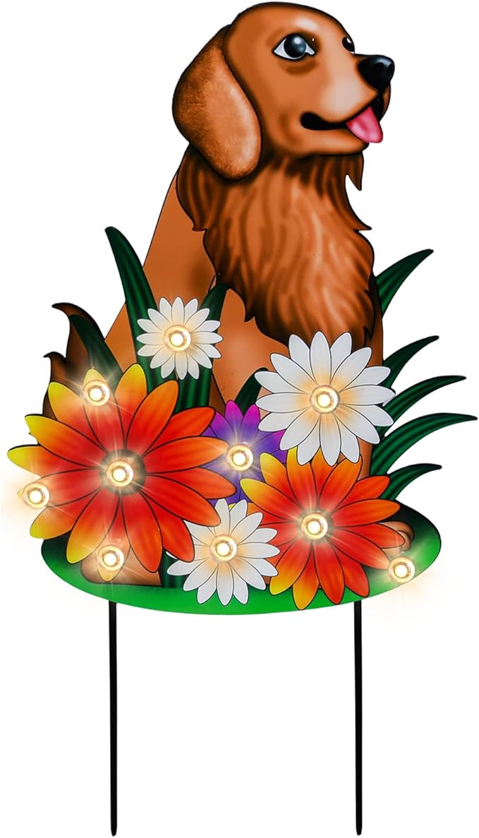 WONDER GARDEN Decorative Garden Stakes - Lighted Dog and Flower Yard Sign Stakes Spring Signs for Outdoor, Porch, Yard,Flower Bed Decor (Battery Operated)