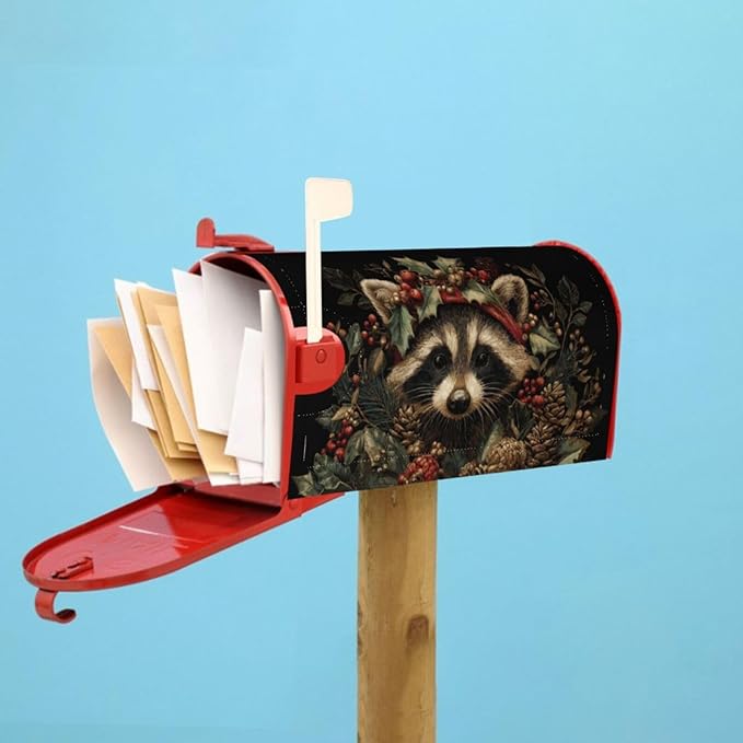 Christmas Raccoon Mailbox Covers Magnetic Letterbox Covers 21x18 Inch for Garden Outdoor Decoration