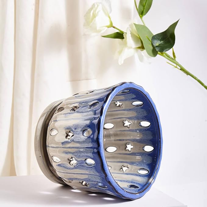 Orchid Pots with Holes Attached Saucers 6 Inches - 1 Pcs Small Ceramic Pots for Repotting, Decorative Ceramic Orchid Planter with Hole for Healthy Root Growth Blue Over White