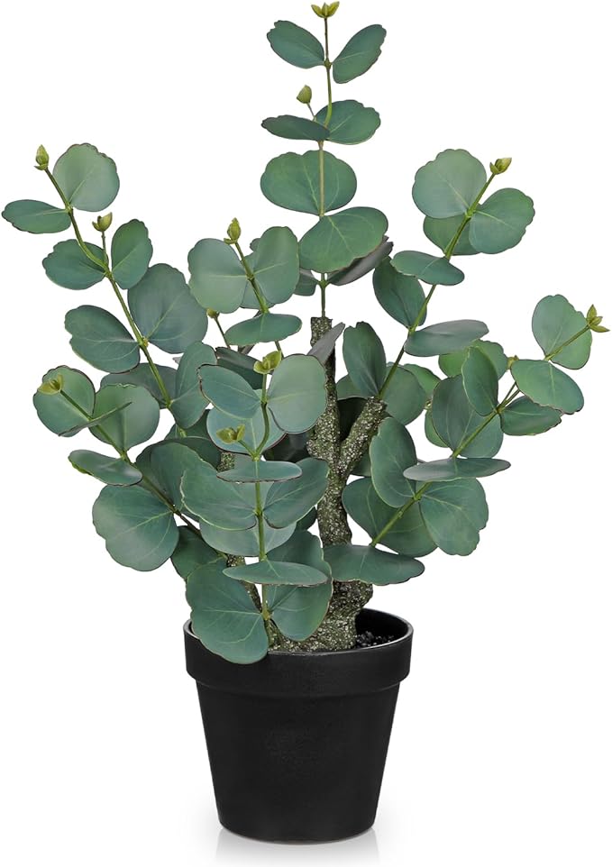 Artificial Plants Indoor with Pot, 18" Tall Faux Plants Indoor Silk Plant, Fake Potted Plant Small Eucalyptus Tree for Living Room Bathroom Kitchen Farmhouse Office Desk Table Shelf Decor, Green