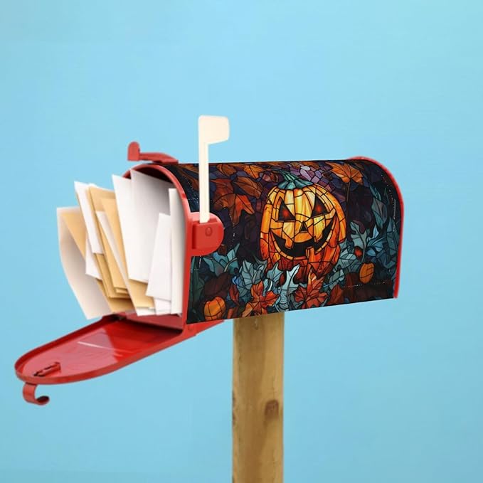 Scary Halloween Pumpkin Mailbox Covers - Stained Glass Autumn Fall Magnetic Standard Size 18 x 21