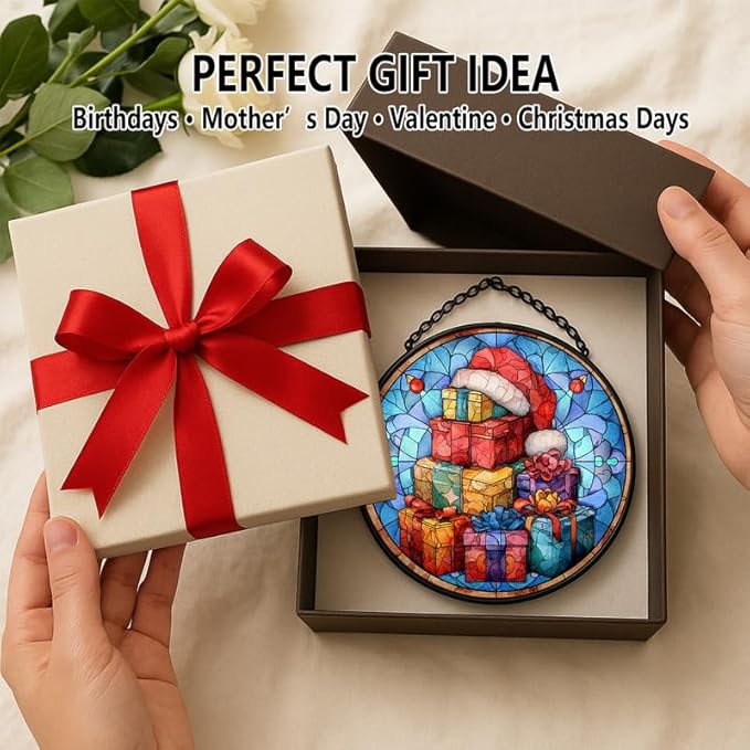 Stained Glass Window Hanging – 7.8 in Gifts with Santa Hat Panel with Chain, Bathroom Front Door Living Room Garden Decor, Gift for Mom Wife Lovers
