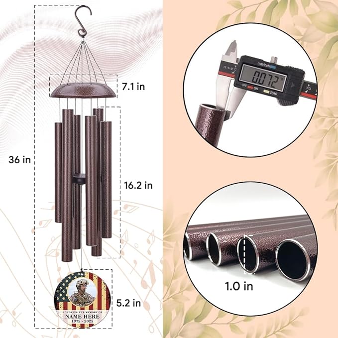 36inch Personalized Wind Chimes, Memorial Wind Chimes for US Veteran, Wind Chime for Loss of Loved Dad/Mom, Sympathy Memorial Gifts, Thank You Veteran Solider (Produced in USA)