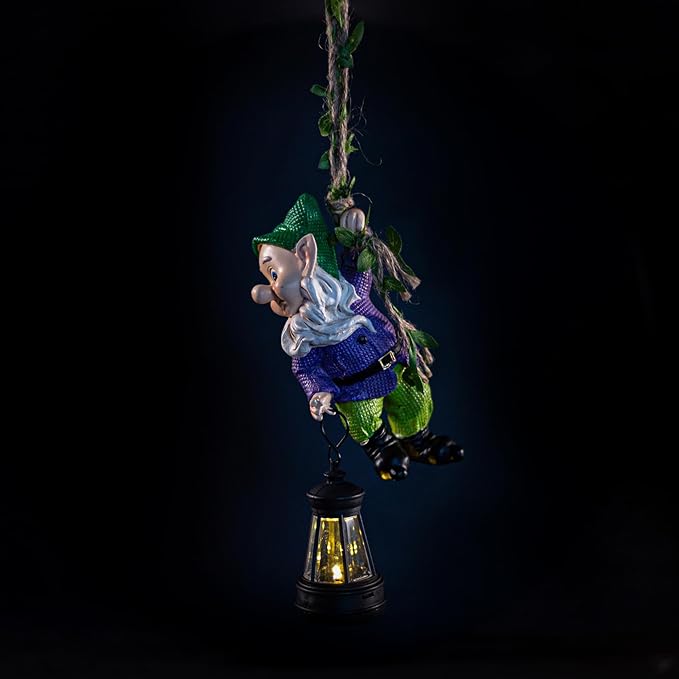 Garden Gnome Solar Lantern Decoration, Outdoor Figurine, Green and Purple, Weather-Resistant Resin