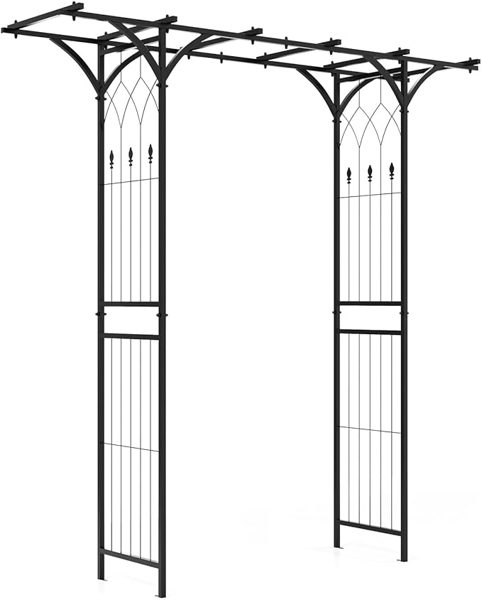 Moccha Garden Arbor, 6.8FT Metal Arbor Trellis for Climbing Plants, Roses, Vines, Outdoor Pergola with Trellises & Extended Roof, Garden Arch for Wedding Ceremony Decoration Lawn Patio Archway
