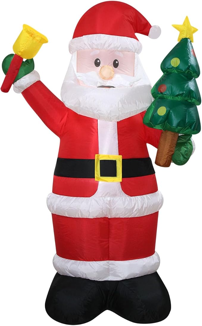 Christmas Inflatables Santa Holds Tree Bell Lighted Yard Lawn Inflatable Decoration with Built-in Fan and Stakes Ropes Holiday Party Decor, Christmas Decor (5FT-Santa Hold Tree & Bell)