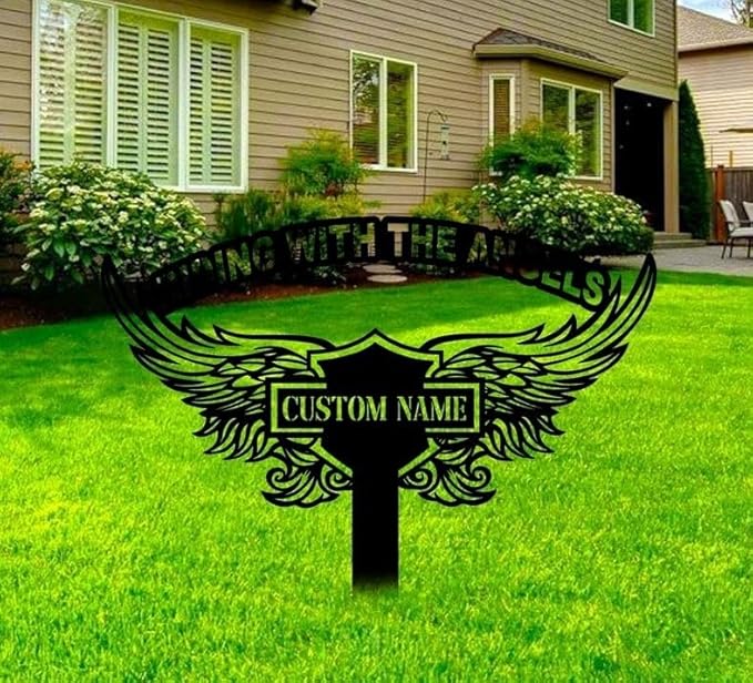 Custom Angels Motorcycle Memorial Stake – Biker Metal Grave Marker, Rider Bike Yard Garden Stake Outdoor Decor (Motorcycle Memorial)