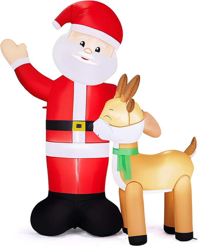 VINGLI 6ft Christmas Santa with Reindeer Inflatable, Inflatable Waving Santa Claus Reindeer Outdoor Decoration with LED Lights,Xmas Blow ups for Lawn, Garden, Holiday Decor
