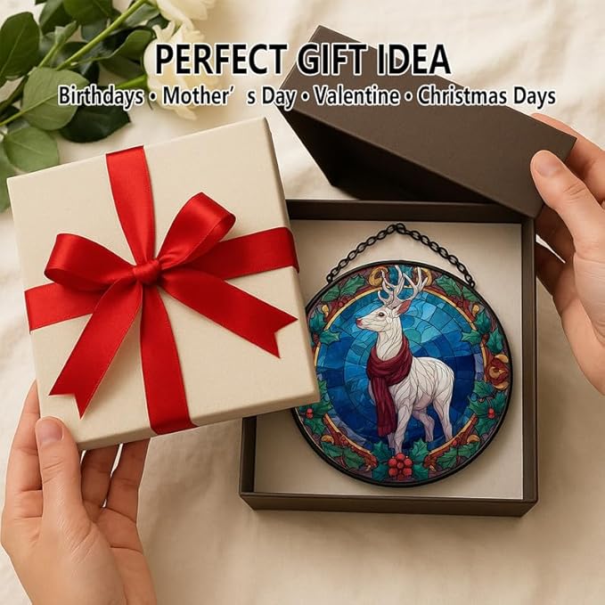 Stained Glass Window Hanging – 11.8 in White Reindeer Panel with Chain, Bathroom Front Door Living Room Garden Christmas Decor, Gift for Mom Wife Lovers