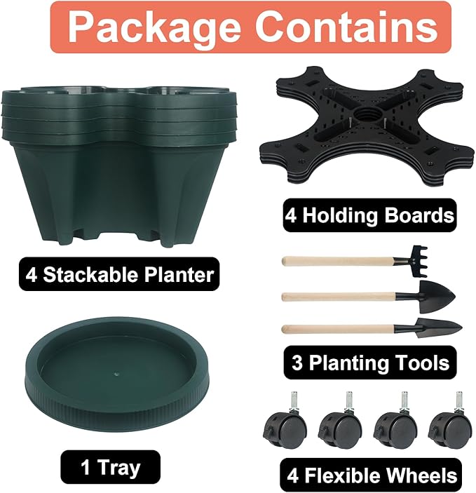 GameXcel Vertical Planter 4 Tier Stackable Planters Garden Planters Strawberry Herb Flower and Vegetable Planter Indoor Outdoor Gardening Pots with Removable Wheels and Tools