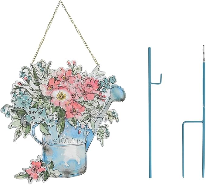 All Chic Garden Decor for Outside, 29” Decorative Garden Stakes Metal Embossed Watering Can with Flowers for Spring Decor, Yard Art Stakes for Outdoor Lawn Backyard Porch Pathway Decorations