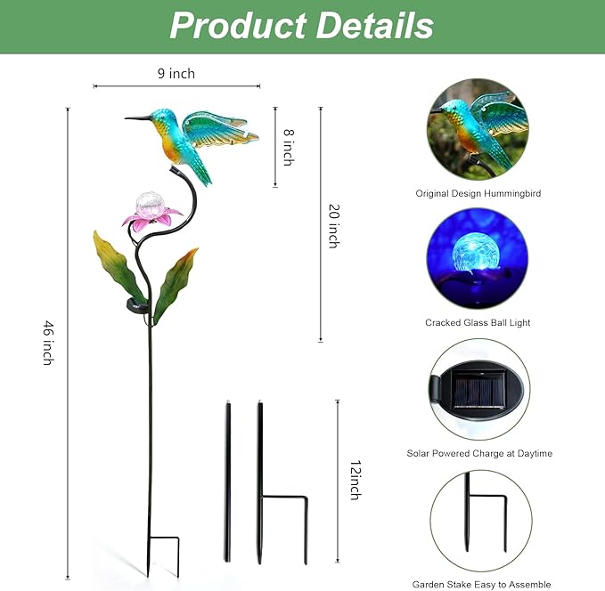 HONGLAND Solar Lights Outdoor for Garden Decor - 46 Inch Hummingbird Solar Lights for Outside, Solar Hummingbird Decorative Garden Stakes for Lawn Patio Yard Porch