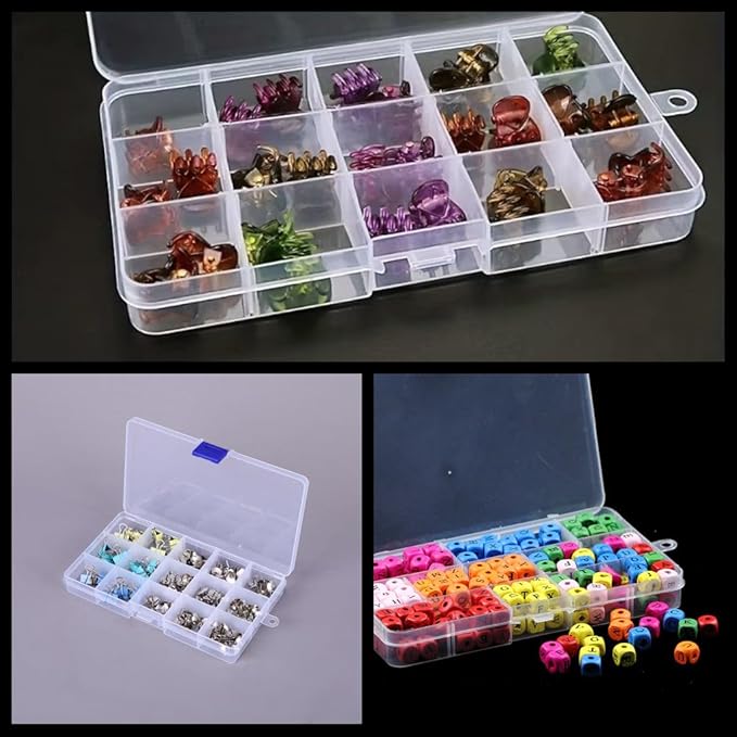 4 Pcs 15 Grids Clear Organizer Box Plastic Storage Container with Fixed Dividers Blue Buckle for Electronics Jewelry Beads Art DIY Crafts Fishing Small Parts