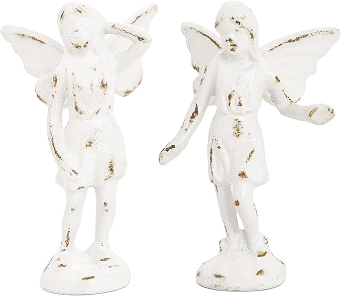 Sungmor Cast Iron Angel Statue, Set of 2 Rustic White Garden Fairy Figurines, Creative Angel Pixie Collection Home Office Desk Decor, Indoor Outdoor Fairy Garden Accent Ornament