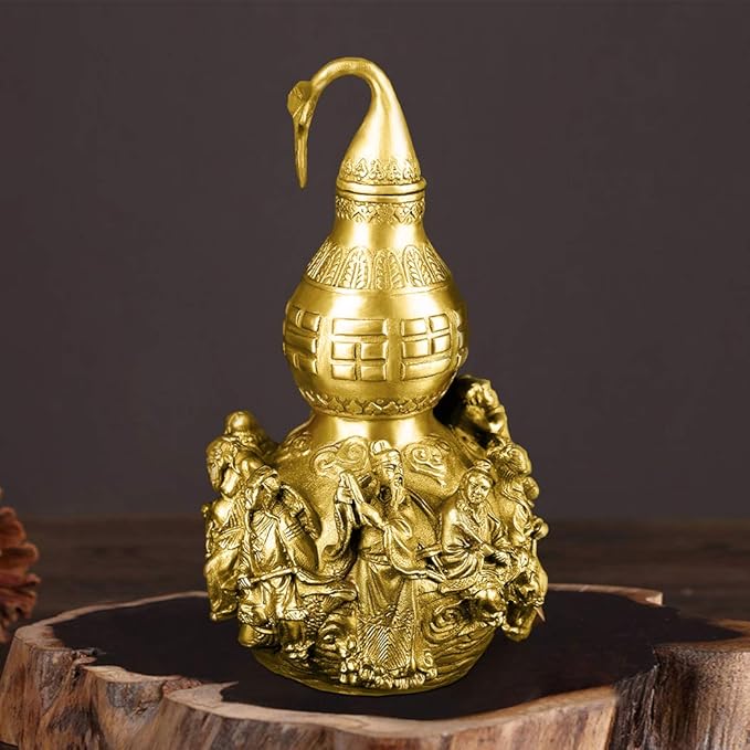 BRASSTAR Golden Brass Bagua Gourd Wu Lou Statue 7.5”(H) Feng Shui Taoist Deities Hulu/Calabash Figurine Home Garden Decor Health Prosperity PTZY024