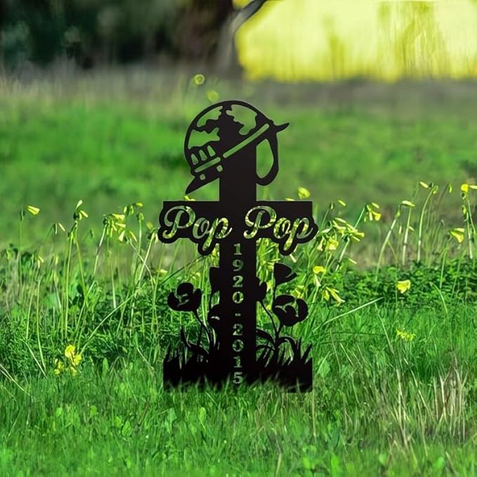 Personalized Soldier Memorial Metal Stake with Poppy – Custom Cross Sign, Remembrance Plaque, Garden Grave Marker (Soldier Memorial)