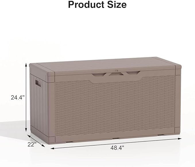 Patiolife 100 Gallon Resin Deck Box, Large Outdoor Storage Box for Garden Tools, Pool Supplies, Waterproof and Lockable, Light Brown