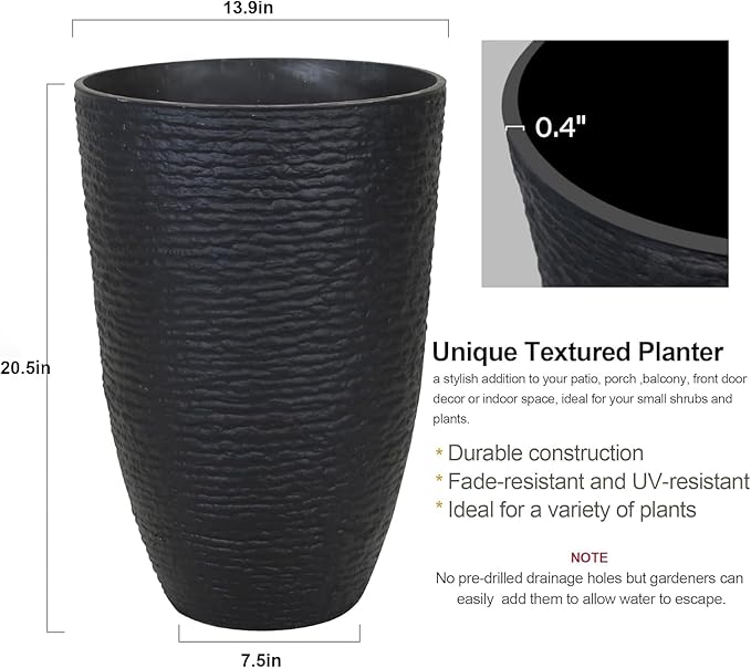 KOL 2-Pack 21in. Tall Plastic Planter - Large Round Tapered Plant Pots with Textured Finish - Black Imitation Stone Looking Big Flower Pots for Indoor & Outdoor Plants - Lightweight and Durable