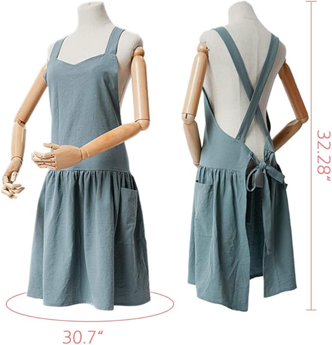 NEWGEM Cotton Linen Cross Back Apron for Women with Pockets for Cooking Baking Navy Blue with Waist Ties