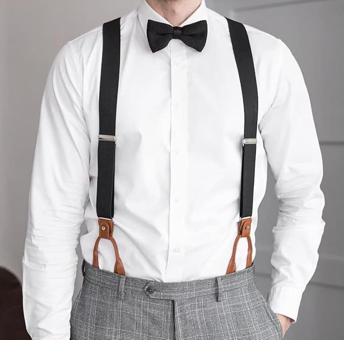 UPSONG Mens Suspenders,Brown Leather Button Tab and Clip Braces Heavy Duty Suspender Wedding Suspenders for Groom Groomsmen