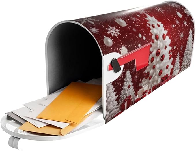 Festive Magnetic Mailbox Cover Red Christmas Tree Pattern Outdoor Mailbox Protector Holiday Seasonal Decorative Garden Yard Home Large Size 25.5 x 21 Inch