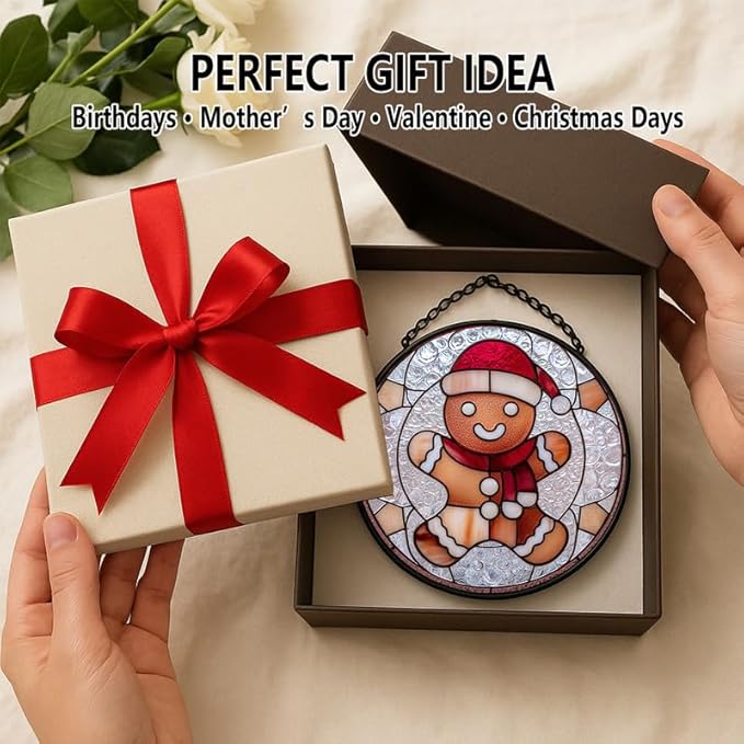 Stained Glass Window Hanging – 6.3 in Gingerbread Man Santa Panel with Chain, Bathroom Front Door Living Room Garden Xmas Decor, Gift for Mom Wife Lovers