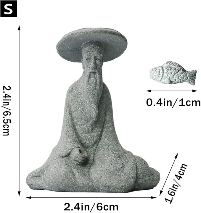 livelyfish Mini Fisherman Statue Asian Zen Decoration Sitting Fishing Figurines Sandstone Vintage Ornament for Aquarium Fish Tank Pot Garden Home Japanese Decor (B)