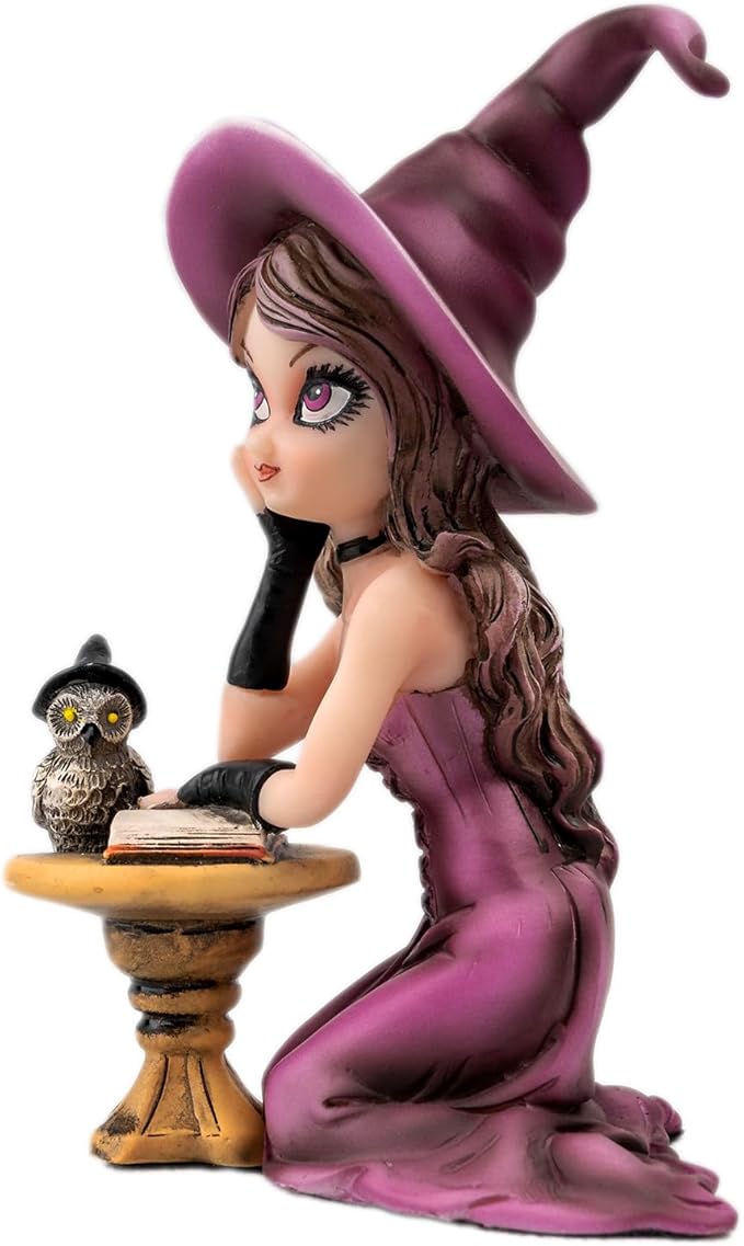 Mystical Purple Witch Resin Statue with Owl & Book Halloween Décor, Witchcraft Collectible, Unique Home & Office Decoration
