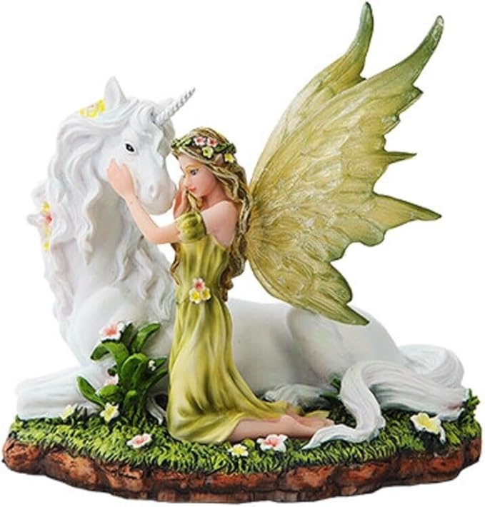 PTC 7 Inch Green Winged Fairy with Magical Unicorn Statue Figurine