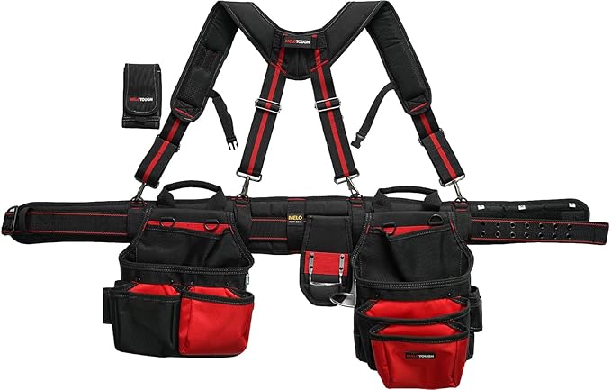 MELOTOUGH Pro Framer Combo System-Magnetic Tool Pouch Build Heavy Duty Carpenter Tool Belt and Multi Function Tool Belt Suspenders(red)