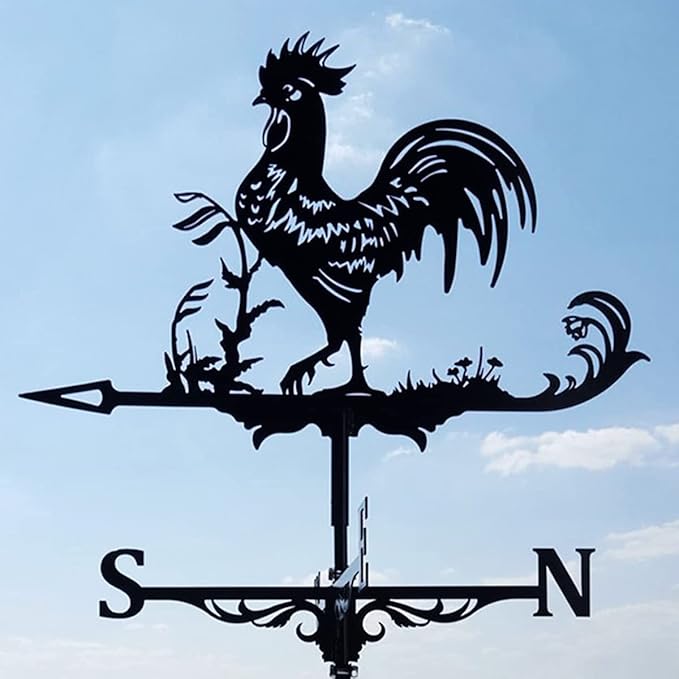 Metal Rooster Shape Weathervane, Roof Mount Weather Chicken Wind Vane Direction Indicator,Outdoor Scene Garden Chicken Weather Vane Ornament for for Shed Farmhouse Yard Patio Decor (Rooster)