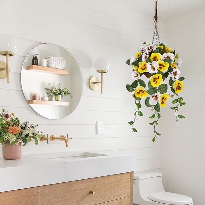 Briful Artificial Hanging Basket Outdoor Yellow&White Pansy Fake Flowers Realistic Silk Fall Bloom Faux Flowers Coconut Basket for Home Decor Indoor Farmhouse Balcony Patio Garden