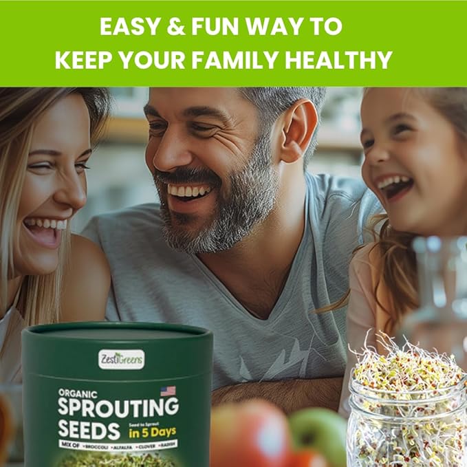 ZestiGreens Fresh Sprouting Seeds Mix Broccoli, Alfalfa, Radish, Clover Seeds in Food Grade Colorful Container with Lid for Easier Scooping & Keeping Fresher (0.5 lb)