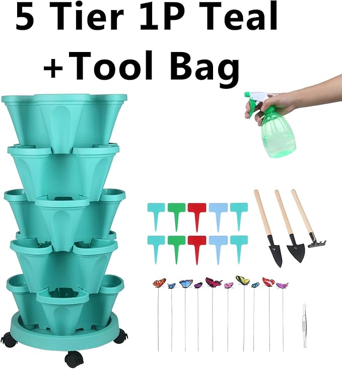 GameXcel Vertical Planter, 5 Tier Stackable Strawberry Planter with Garden Tool Set, Movable Indoor/Outdoor Garden Herb Pot for Growing Vegetables and Succulents, Teal