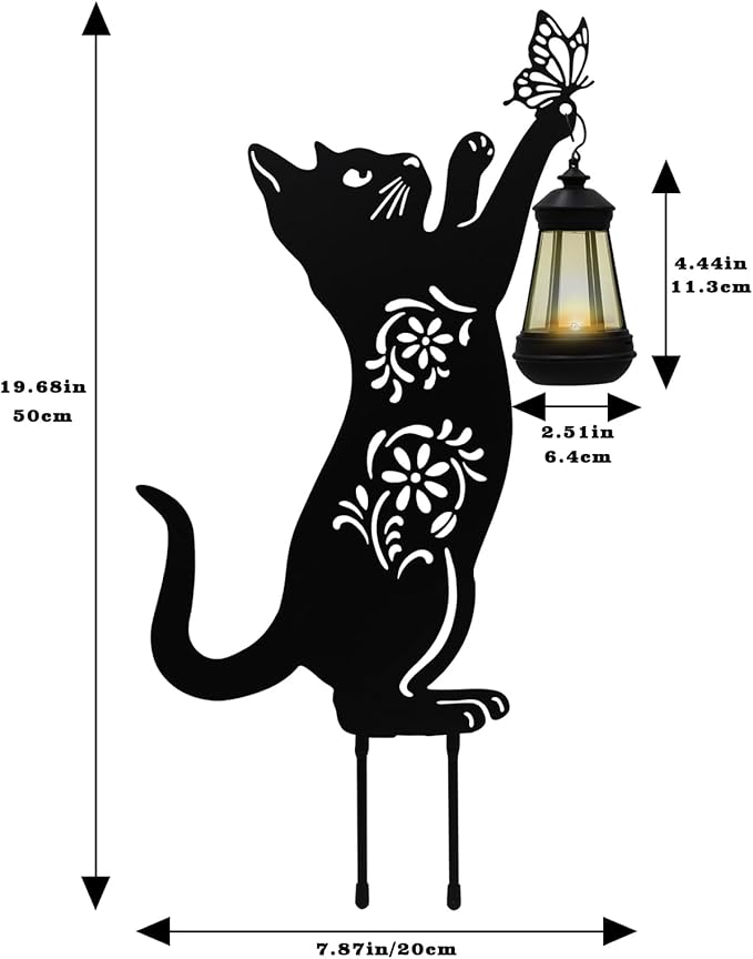 Solar Lights Outdoor Garden Decor - Metal Cat Holding Lantern Stake, Waterproof Solar-Powered Pathway Light for Yard, Pathway, Lawn, Patio - Unique Gift for Cat Lovers Halloween Christmas Garden Decor