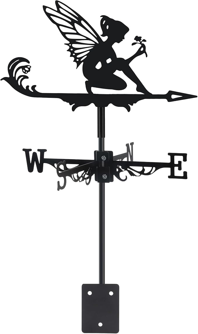 Fairy and Flower Weather Vane, Black Metal Weathervane Roof Mount, Wind Direction Indicators Wind Measuring Tool Outdoor, Wind Vane Ornament Decoration for Shed Garden Yard Farmhouse Patio Decor