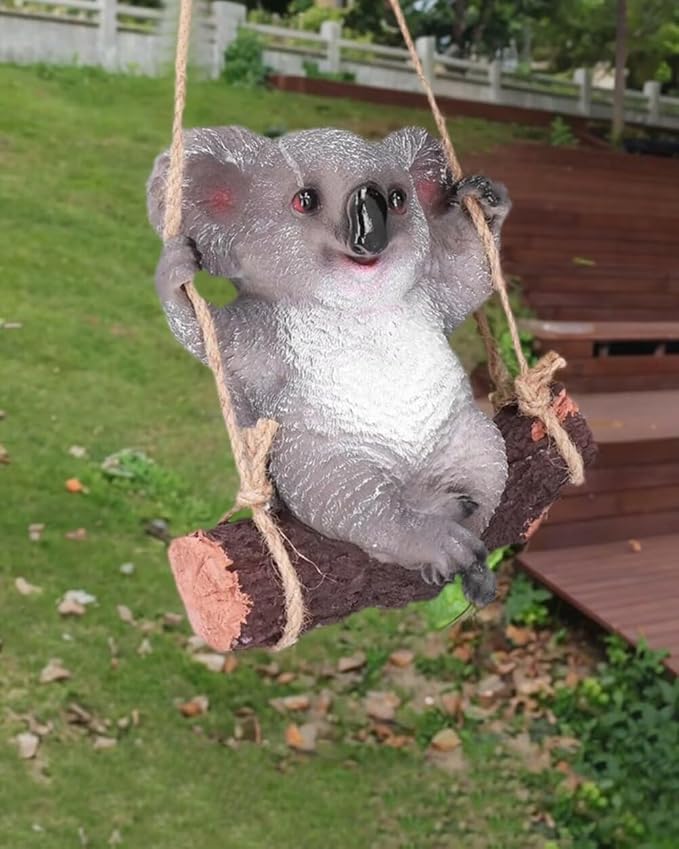 Swinging Koala Figurines Resin Garden Statues for Patio Balcony Backyard Lawn Ornaments Grey A