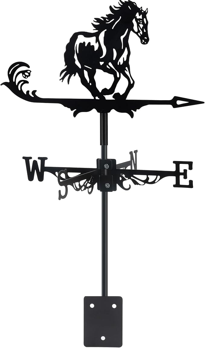 Black Metal Weathervane,Stainless Steel Horse Weather Vane Roof Mount, Wind Direction Indicators Wind Measuring Tool Outdoor, Wind Vane Ornament Decoration for Shed Garden Yard Farmhouse Patio Decor