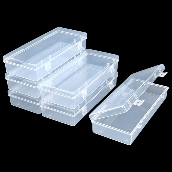 6 Pack Rectangular Clear Plastic Storage Containers Box with Hinged Lid for Beads and Other Small Craft Items (6.1 x 2.56 x 1.18 inch)
