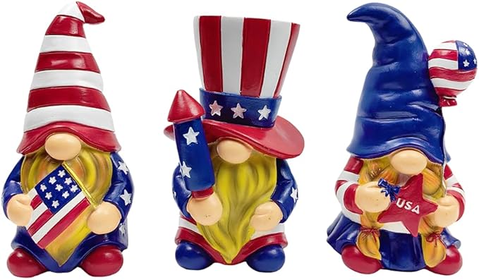OrnamentallyYou Spring & Summer-Themed Garden Statues – Adorable Outdoor Decor for Lawn, Patio & Porch (Patriotic Gnome Trio Figurines, 6" Set of Three Garden Statues and July 4th Decoration)
