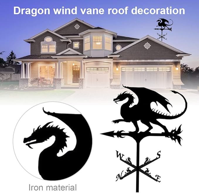 Metal Rooster Shape Weathervane, Roof Mount Weather Chicken Wind Vane Direction Indicator,Outdoor Scene Garden Chicken Weather Vane Ornament for for Shed Farmhouse Yard Patio Decor (Dragon)