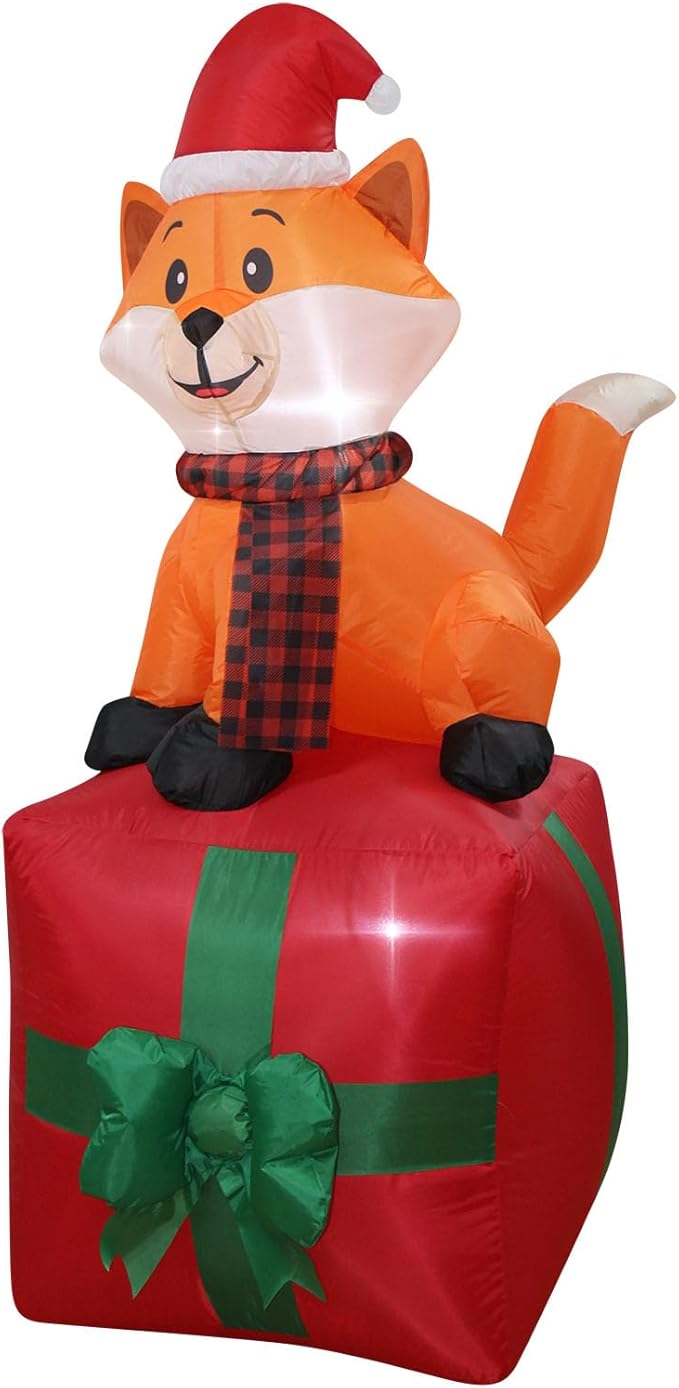 Christmas Inflatables Fox on Giftbox Lighted Yard Lawn Inflatable Decoration with Built-in Fan and Stakes Ropes Holiday Party Decor, Christmas Decor (5FT-Fox on GiftBox)