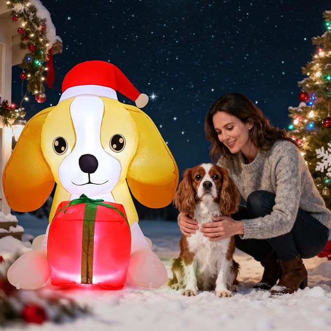GOOSH 5 FT Long Christmas Inflatables Dog Outdoor Decorations Blow Up Yard Cute Puppy with a Box with Built-in LEDs for Xmas Garden Lawn Indoor Party Decor