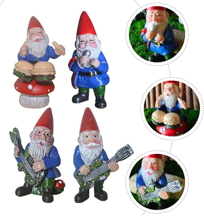 SUPVOX Gnomes Fairy Resin Statues: Happy Gnomes Dancing Celebration Musical Band Garden Gnome Set Mini Gnome Statue Miniature Fairy Gardens Micro Landscape Dwarfs Statue Ornaments 4pcs